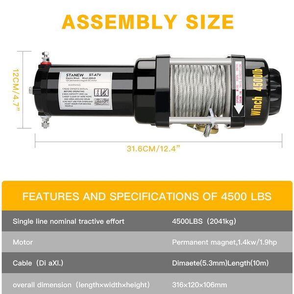 STANEW Treuil électrique 12 V Traction Jusqu’à 4500 LB/2041 Kg Câble en Acier de 10m, Noir, treuils à Corde synthétique télécommandés sans Fil