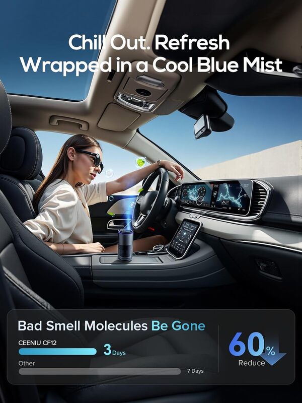 Desodorisant Voiture Ceeniu, buse de pulvérisation améliorée, brume ultrasonique, allumage/arrêt automatique, longue durée, lumière ambiante, parfum naturel français, nouveau modèle 2025 CF12