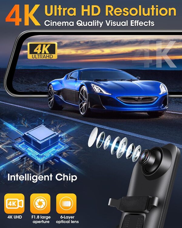 【WiFi】 4K Dashcam Retroviseur 12 Pouces avec Retroviseur Camera de Recul Carte 64G Dashcam Voiture Avant Arriere Grand Angle 170° avec Vision Nocturne WDR Capteur G pour DC12-24V Voiture SUV Pickup