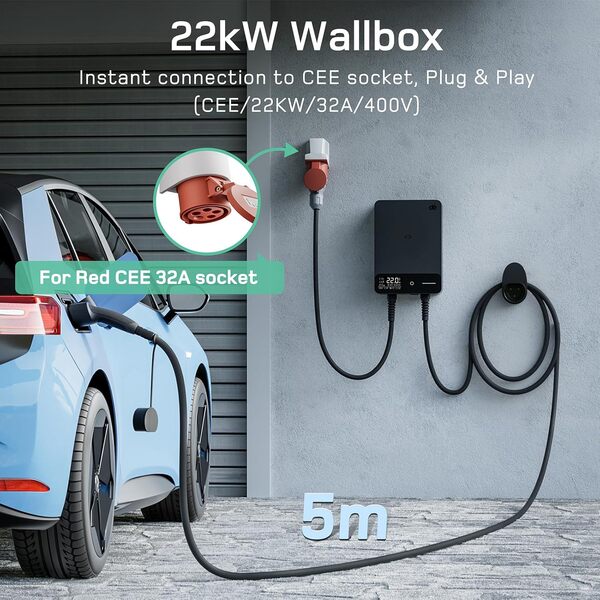 dé Borne de Recharge Véhicules Électrique 22kW APP [6-32A, Triphasé] Wallbox 22kW avec Câble Type 2 5m, RFID, Borne de Recharge avec RCD Type-B et ip54 pour E-208 et Autres BEV/PHEV, Noir