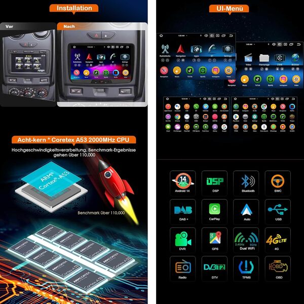 Erisin 8 Pouces 8 cœurs 4GO+64GO Android 14 Autoradio Bluetooth GPS Navigateur pour Renault Dacia Duster Logan Sandero Dokker Lodgy CarPlay Android Auto WiFi 4G DSP Dab+ OBD2 Écran Tactile Canbus