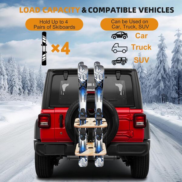 Porte-skis pliable léger avec surface en bois, peut contenir 4 paires de skis, design compact avec accès facile à l'inclinaison, s'adapte au récepteur d'attelage de 5,1 cm, accessoires de ski durables