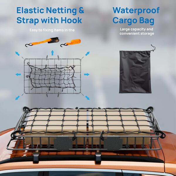 TUFFIOM 250lbs 64 x 39 x 6 inch Extendable Roof Top Cargo Carrier Basket w/Net+Storage Bag+Footrest+Straps, Heavy Duty Rooftop Luggage Holder Steel Rack for SUV Car Truck Van Travel Camping