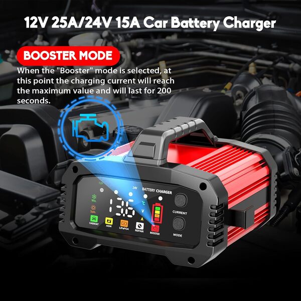 YONHAN Chargeur de batterie de voiture 12 V/8 A 24 V/4 A, chargeur de batterie automatique intelligent avec écran LCD, charge intelligente, réparation, mainteneur de charge pour voiture, moto, bateau,