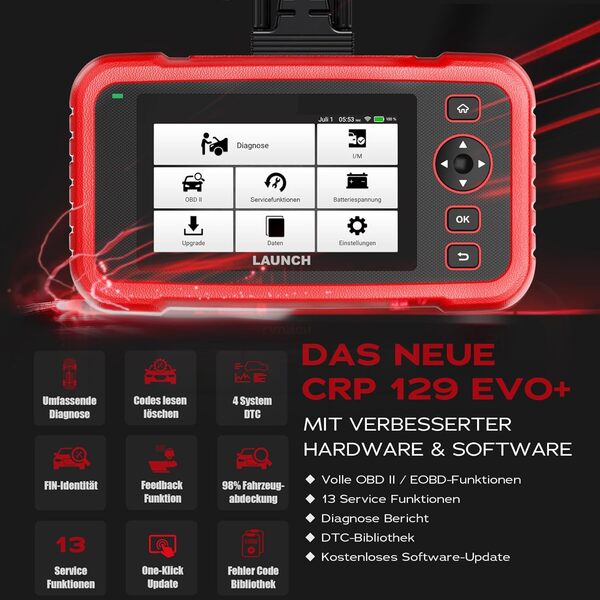 LAUNCH Officiel CRP 129 Evo+ OBD2 Valise Auto Diagnostic,EOBD Testeur 4 Systèmes(Moteur ABS, SRS at), OBD-II Diagnostic Voiture multimarque avec 13 Fonctions de Service, écran Tactile WiFi