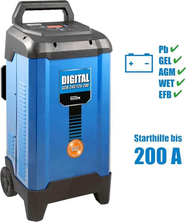 Güde GDB Chargeur de Batterie numérique 24 V/12 V-200 (230 V, 6000 W, Tension de Sortie 12/24 V, pour Batteries 20-450 Ah, LED, Diagnostic, Sauvetage, Fonction Charge et Maintenance, Inversion de