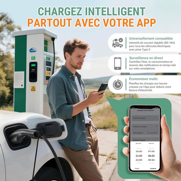 AIMILER Chargeur Voiture Electrique APP 11kW 400V Wallbox Portable Triphasé 8-16A avec 7.5m Câble Type 2 Borne de Recharge Véhicules Électrique IP65 Compatible avec Model 3/Y et Autres BEV/PHEV