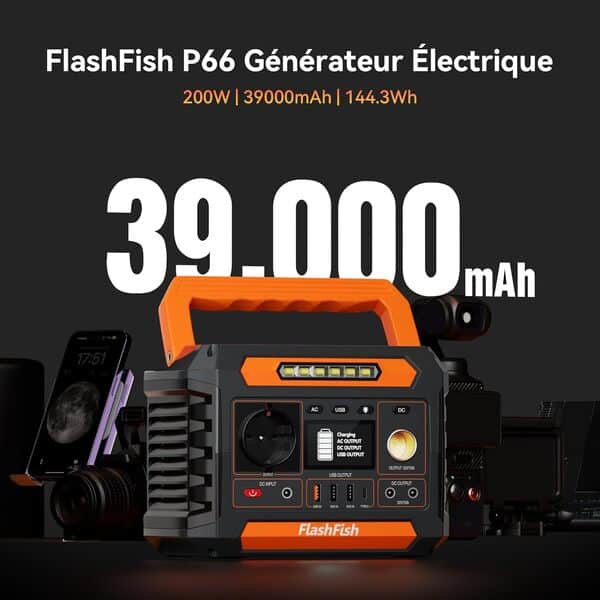 FlashFish P66A Station Électrique portable 144,3Wh, Generateur Électrique 200W avec 230 V AC/DC/USB/type C/lumières LED, Batterie de Secours pour Camping, Voyage, Panne de courant
