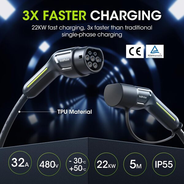 Type 2 Câble de Recharge Voiture Electrique, 22kW 32A Triphasé 5M EV/Véhicule Electrique et Hybride Rechargeable de Type 2 à Type 2 avec Sac de Transport, Compatible avec Model 3 Zoe e-Tron