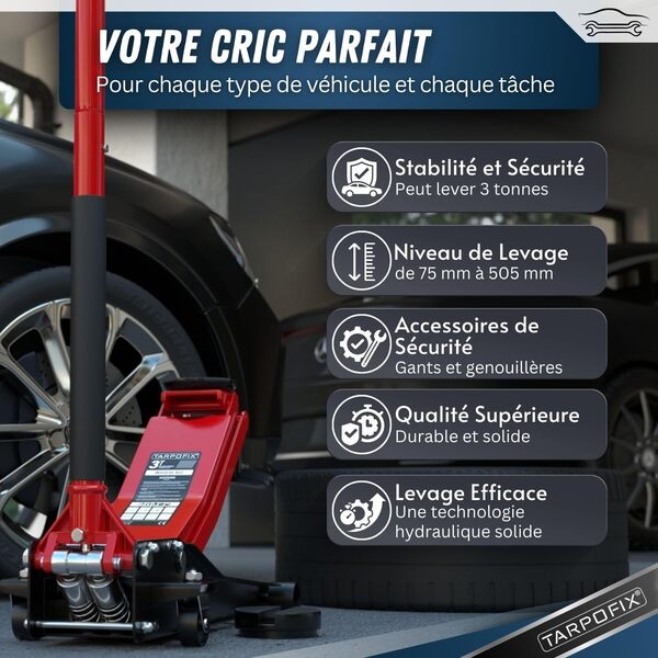 Tarpofix® Cric Hydraulique 3 tonnes (Hauteur de Levage 75-505mm) | Crique Hydraulique Auto 3t avec Double Vérin | Cric Voiture Extra Plat pour SUV & Véhicules Surbaissés | Crique Rouleur Professionnel
