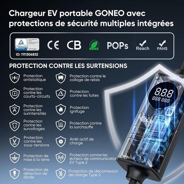 GONEO Chargeur Voiture Électrique 16a 3,68kW Schuko Type 2 20M | Capteur Température et Terre détection,CA 30mA + CC 6mA Protection | Temps et Courant réglables,Borne de Recharge Portable pour Maison.