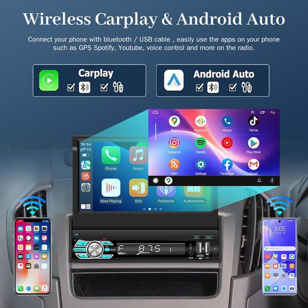 Autoradio 1 Din avec Carplay sans Fil et Android Auto - Autoradio Bluetooth Carplay 7 Pouces HD à écran Tactile avec Mirror Link SWC FM Radio AUX/TF/USB Entrée + Caméra de Recul AHD
