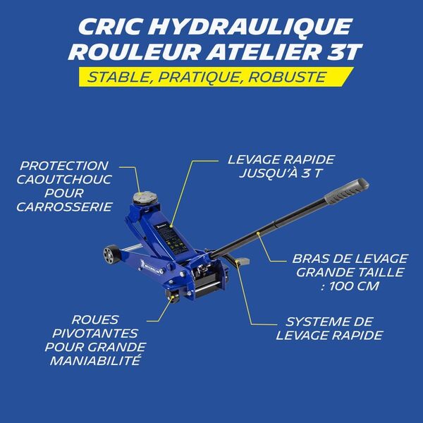 MICHELIN 009554 Cric Hydraulique 3T Levage Rapide – Hauteur 145-490 mm – Direct Twist System – Idéal SUV, 4x4, Camping-Car, Utilitaires – Bras Long 100 cm avec Protection Caoutchouc, Roues Pivotantes