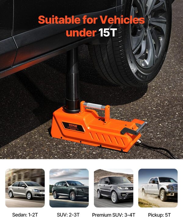 VEVOR Cric Électrique 15 T, Cric de Voiture Automatique Réglable, Cric de Levage avec Capacité de Charge Élevée, Outil Démonte-Pneu Portable avec Lumière LED, pour Dépannage Routière SUV Berline