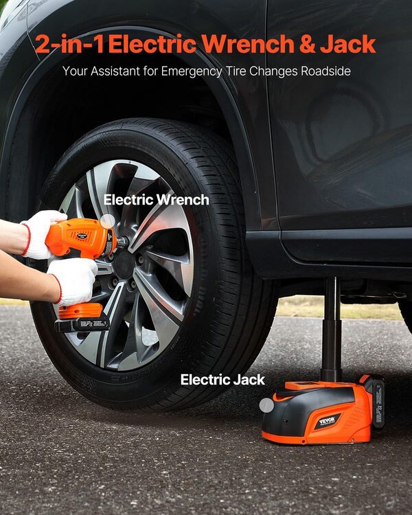 VEVOR Cric Électrique pour Voitures 5 T, Cric de Levage avec Clé à Chocs Électrique, Outil Démonte-Pneu Portable avec Lumière LED et Télécommande, pour Dépannage Routière SUV Berline Garage Atelier