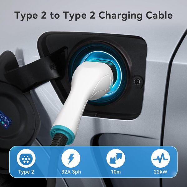 22KW 32A Type 2 Câble de Recharge Voiture Electrique| Triphasé | 10 Mètres |Type 2 à Type 2 Câble de Chargeur pour EV/PHEV pour Model S/X/Y/3 avec Sac de Transport, Certification CE TÜV IP55