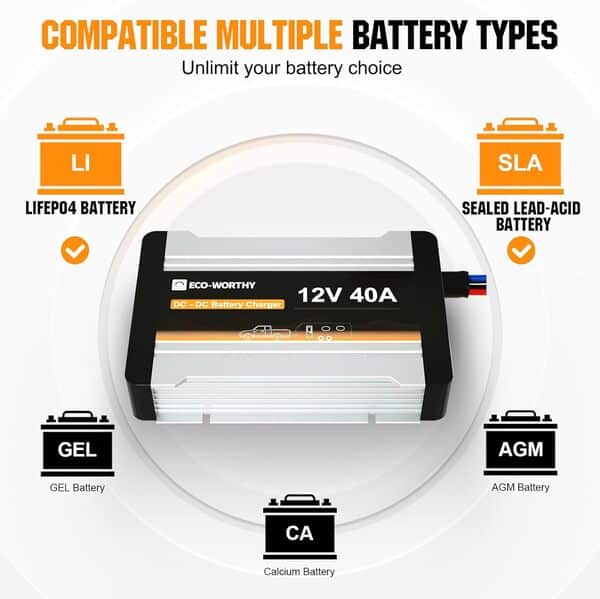 ECO-WORTHY Chargeur de batterie 12 V 40 A CC vers CC avec chargeur de batterie solaire MPPT intégré au lithium LiFePO4 Gel AGM, charge multi-étapes pour alternateur de panneau solaire dans les