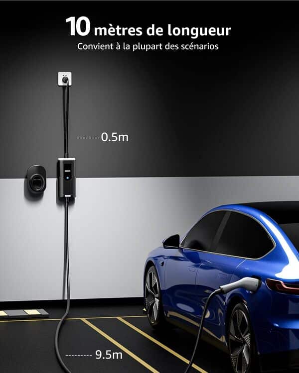 bokman Chargeur Voiture Electrique, (16A, 3.68kW, 10m) Type 2 EVSE Portable Recharge Voiture Electrique Compatible avec Model 3, Model Y, EX30, XC60, Q4, MG4, 208EV et PHEVs
