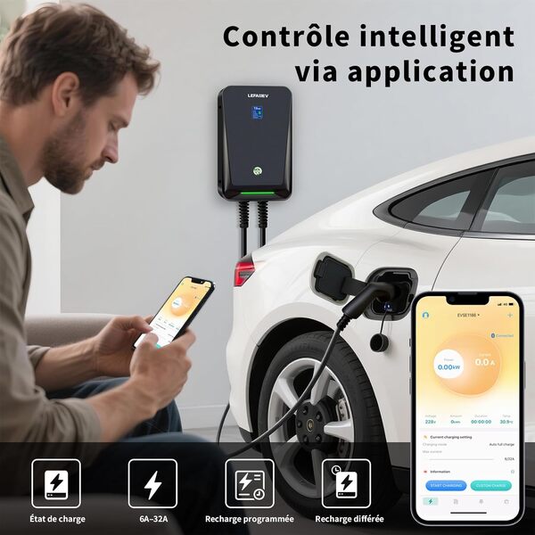 Borne de Recharge 7kW avec APP, Type 2 Chargeur Voiture Electrique avec écran Numérique, 32A Monophasé EVSE Recharge, Prend en Charge la Connectivité Bluetooth et WiFi (IEC 62196-2, 32A, 6m)