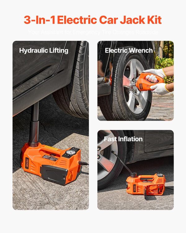 VEVOR Cric Électrique pour Voitures 5 T, Cric de Levage avec Gonfleur Intégré, Outil Démonte-Pneu Portable avec Clé à Chocs Électrique et Lumière LED, pour Urgence Dépannage Routière SUV Berline