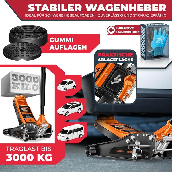 MASKO® Cric hydraulique Hauteur de Levage Plate + 2X Coussinets en Caoutchouc + Gants Cric de manœuvre Automobile hydraulique à Rouleaux 360° Cric sous châssis 3 tonnes - Orange