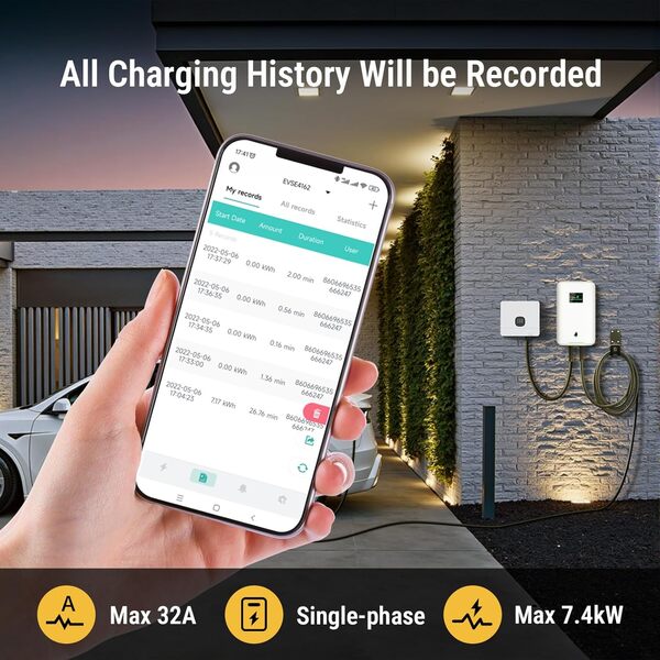 Morec Chargeur ev Type 2 32A 7KW 6M avec APP Prend en Charge la Connexion Standard Bluetooth et WiFi pour la Station de Charge ev Prise IEC 62196-2 Standard