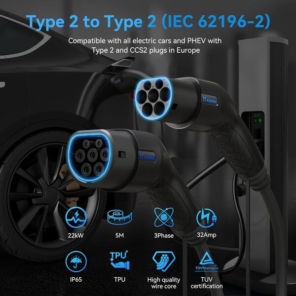 Type 2 Câble de Charge EV 22 KW 32 A Voiture Électrique Câble Triphasé Type 2 vers Type 2 EV Chargeur Cable 3 Phases pour véhicules électriques 5 M (Type 2 - Type 2-32 A - 22 KW)