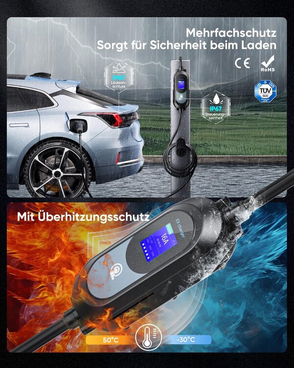 Borne de Recharge Vehicule Electrique 11kW Triphasé [6-16A, 6m, IP67], Chargeur Voiture Electrique Type 2 avec Affichage et Intensité de Courant Réglable: Wallbox avec Fiche CEE Rouge