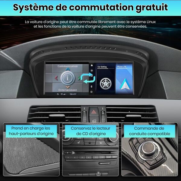 AWESAFE Linux Autoradio écran Tactile de 8,8 Pouces compatibles pour BMW Série 5, E60, E61, E63, E64, Série 3 E90, E91, E92, avec Carplay/Android Auto Bluetooth/USB/CCC système
