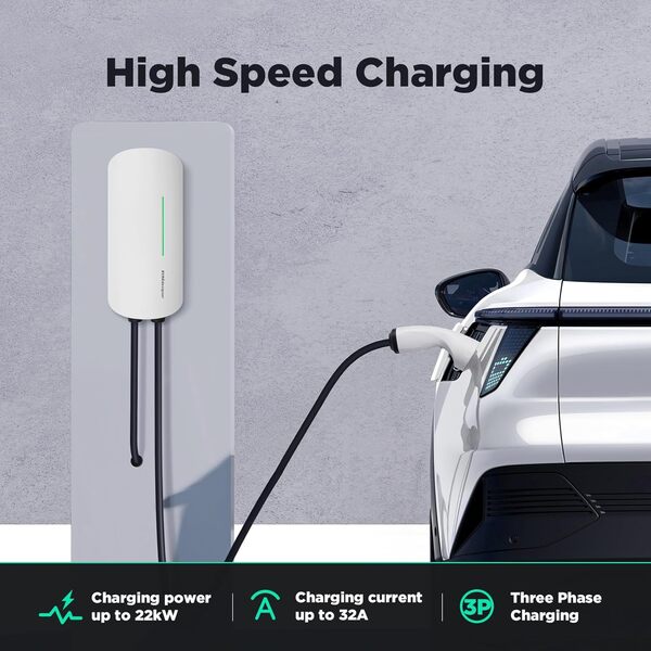 Wallbox 22kW Station de Recharge Domestique de Type 2 pour véhicules électriques Câble triphasé de 6M Utilisation extérieure et intérieure