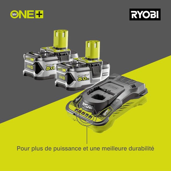 RYOBI Kit Batterie + Chargeur 18V One+ RC18150-250G – 2 Batteries 5.0Ah + Chargeur Rapide, Grande Autonomie pour travaux Long, Compatibilité Totale One+, Autonomie Prolongée