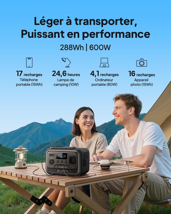 BLUETTI Elite 30 V2 Générateur Électrique Portable, Recharge de 0-100% en 70 Min, 288Wh 600W (Puissance de Surcharge 1500W), Batterie LiFePO4, Solaire/CAC/Voiture, Pour Panne Courant, Camping, Tempête