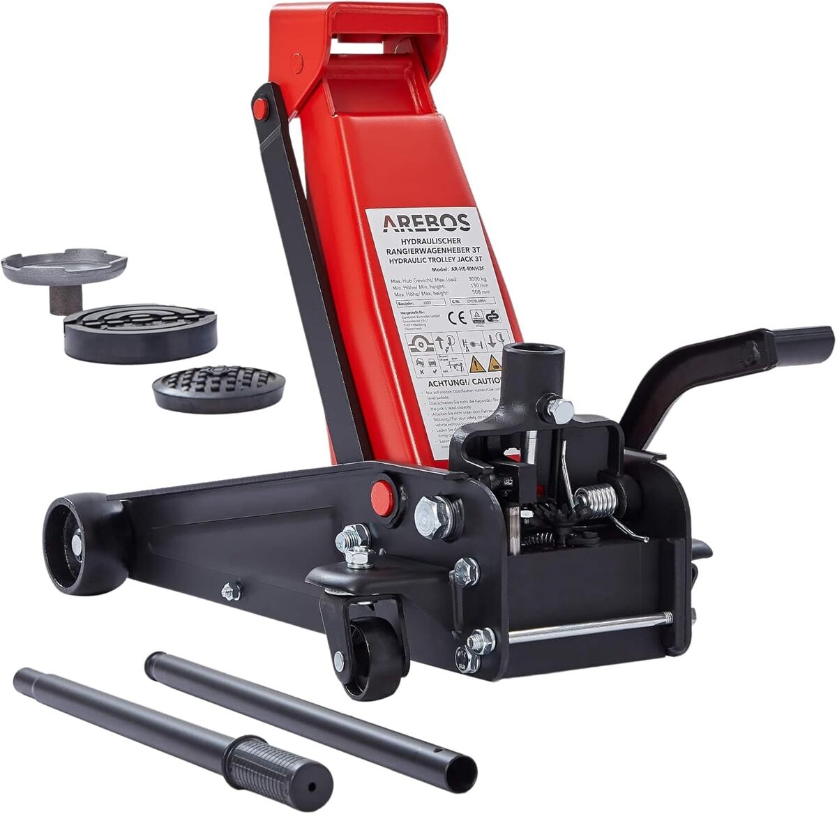 Test : cric hydraulique Arebos 3T avec pédale intégrée et roulettes 360°