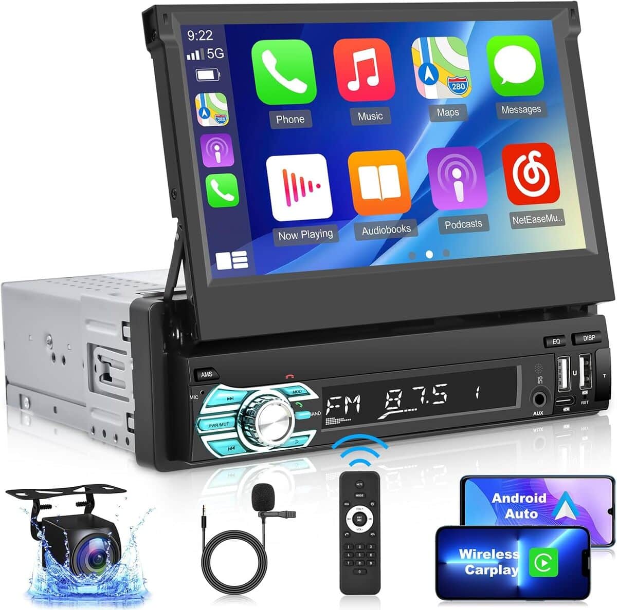 Autoradio 1 Din Con Schermo Estraibile 7 Pollici – CarPlay Wireless, Android Auto, Bluetooth E Retro Camera (Hikity)