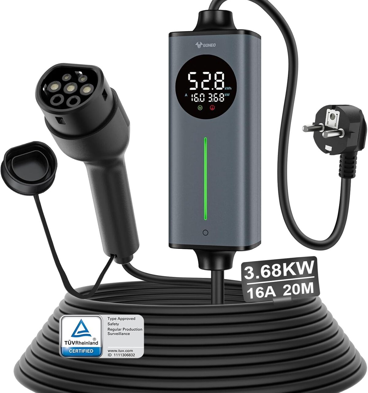 Test du chargeur voiture électrique Goneo 16a 3, 68kW type 2 portable