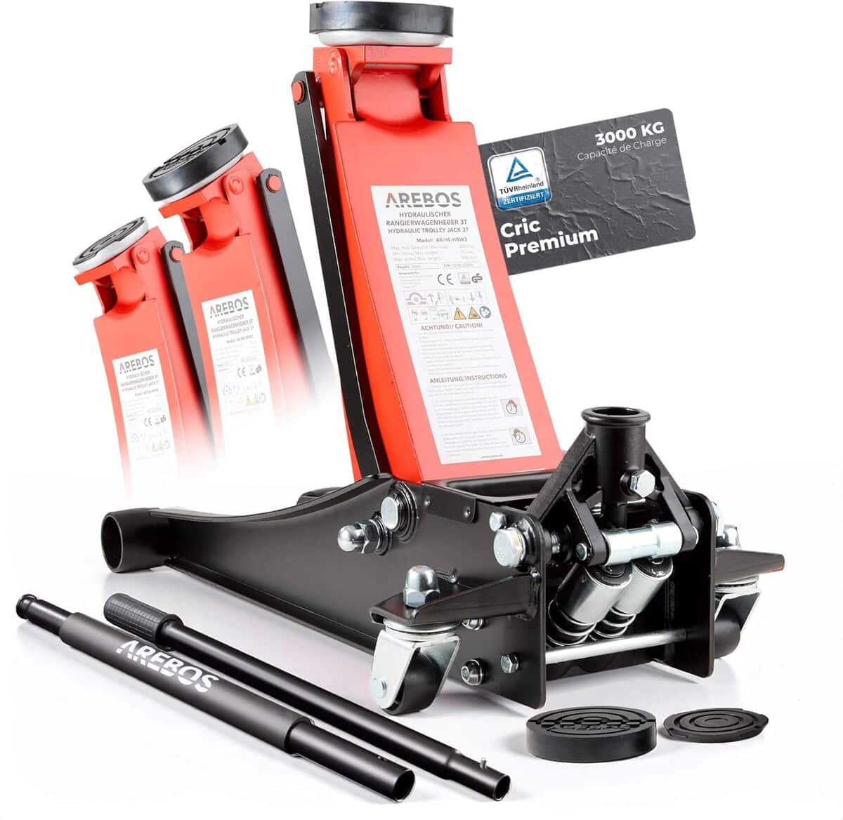 Test du cric hydraulique Arebos 3 t : hauteur de levage ajustable avec patins en caoutchouc