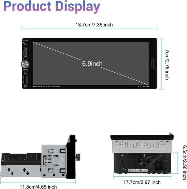 2+64GB Android 1 Din Autoradio Wireless Carplay Android Auto, Écran Tactile 6,9 Pouces Bluetooth Poste Radio Voiture avec GPS WiFi EQ FM RDS Radio, Caméra de Recul