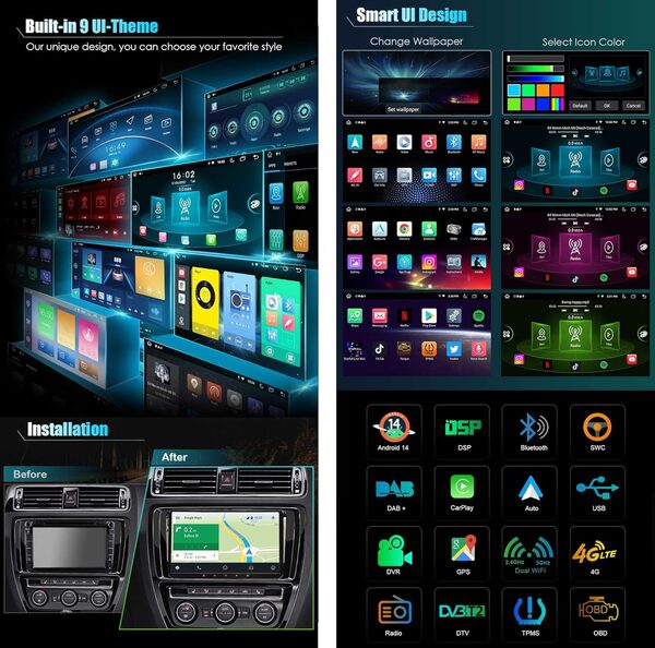 Erisin 9 Pouces 4Go+64Go Android 14 Autoradio 2 din GPS pour VW T5 Polo Passat Golf 5/6 Touran Tiguan Caddy Seat Bluetooth CarPlay sans Fil Android Auto Écran Tactile Dab+ WiFi FM RDS OPS Canbus