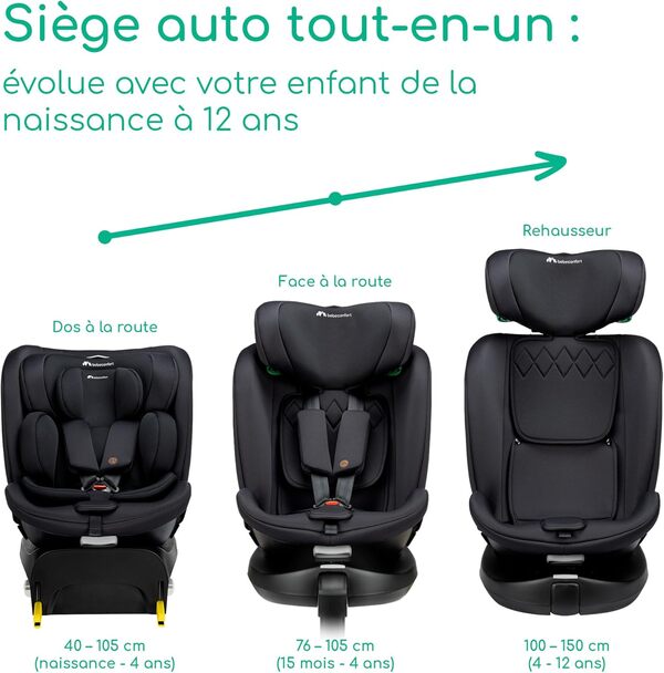Bebeconfort RevolveFix Plus 360 i-Size, Siège Auto Pivotant 360, 0-12 Ans, 40-150 cm, Siège Auto ISOFIX, Jambe de Force, Rotation 360, 6 Positions Inclinaison, 12 Positions Appui-tête, Full Black