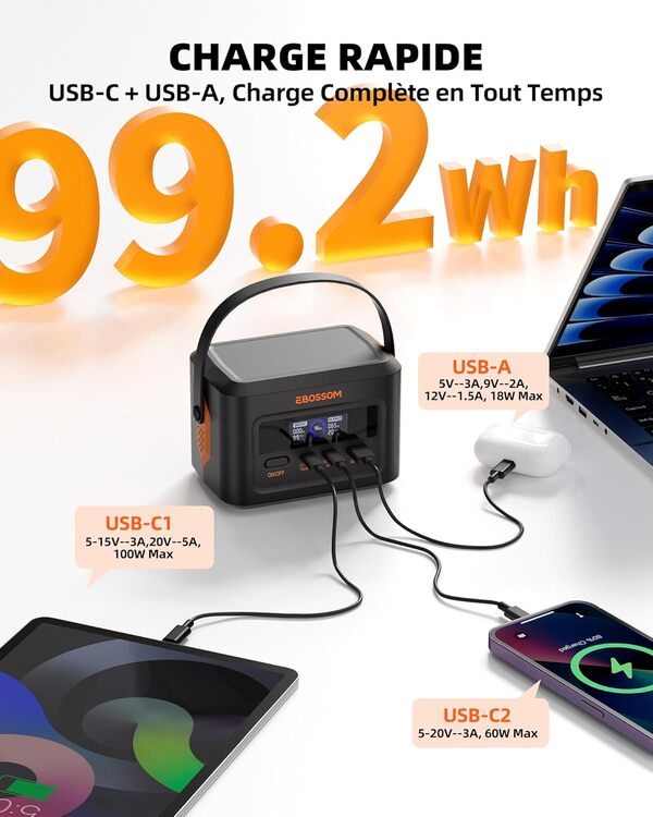 Station Électrique Portable 99,2Wh Générateur Électrique Portable Batterie LiFeP04,3 Portes USB-A/C 120W,Affichage Numérique Intelligent,Batterie Externe de Secours pour Camping Voyage Jardin Urgence