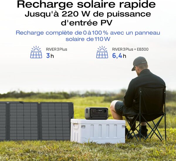Station électrique portable EF ECOFLOW RIVER 3 Plus avec panneau solaire 110W, batterie LFP 286Wh, sortie à 1200W, autonomie 16h+ pour appareils 100 W, générateur solaire pour extérieur, camping, RV
