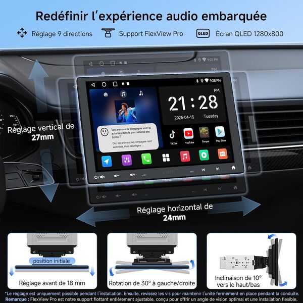 A5L 10 Pouces 2 DIN et 1 DIN Adaptatif Autoradio Android 2G+32G, Écran Flottant, CarPlay et Android Auto sans Fil, Partage de Connexion Via WiFi/BT/USB, DSP/FM/RDS, MirrorLink, A5LG110T