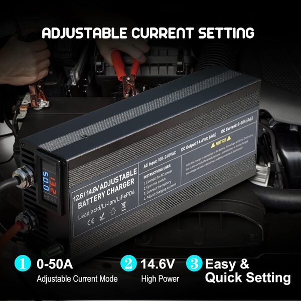 Chargeur LiFePO4 14,6V 0-50A à régulation Continue, Charge Ultra-Rapide, Chargeur de Batterie 12V pour Voiture, Camion, Moto, Tondeuse, Bateau et Batteries Lithium Marine