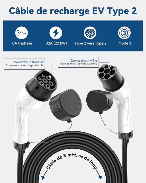 Câble Recharge Voiture Électrique Type 2 (22 KW, 8 m, 32A, Triphasé, Mode 3) - Câble de Charge Type 2 à Type 2 Compatible avec Tous Les EV, PHEV et Borne de Recharge Vehicule Electrique