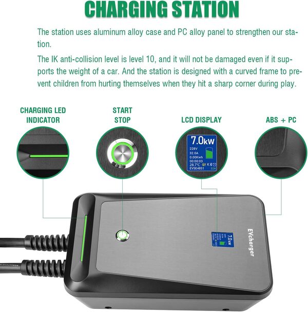 Câble de charge type 2 7,2 kW, Wallbox 32 A avec écran LCD clair, boîte de charge étanche IP65, chargeur EV pour tous les véhicules électriques EV PHEV