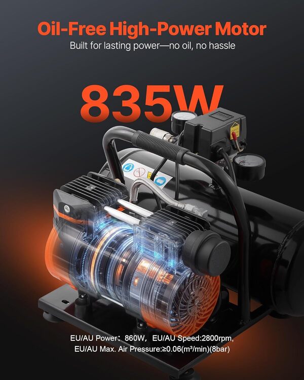 VEVOR Compresseur d'Air sans Huile, Réservoir Acier 8 L, 220 V, 860 W, 2,5 CFM 8 bar, Pression Max 120 PSI, Compresseur Silencieux Portable pour Réparation Auto, Gonflage Pneus, Peinture Pistolet