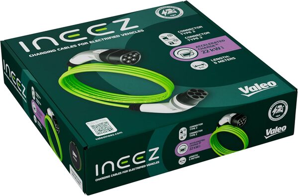 Valeo Ineez - 652105 - Câble de Charge pour véhicules électriques ou Hybrides Rechargeables avec Sac de Transport - Type 2 vers Type 2-22 KW - 5 mètres
