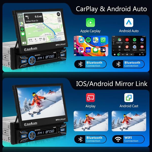 1 DIN Autoradio Écran Motorisé Rétractable 7 Pouces avec sans Fil Carplay Android Auto, Hodozzy Flip Out Ecran Tactile Poste Radio Voiture 1 Din Bluetooth FM MP5 USB/AUX/Lien Miroir/SWC+Caméra