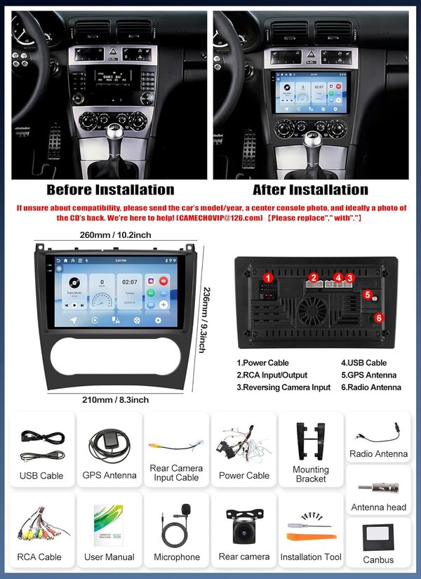CAMECHO [4+128G] Android 15 Autoradio pour Mercedes Benz Classe C W203 W209 C180 C200 2005-2009, Carplay Android Auto sans Fil, 9