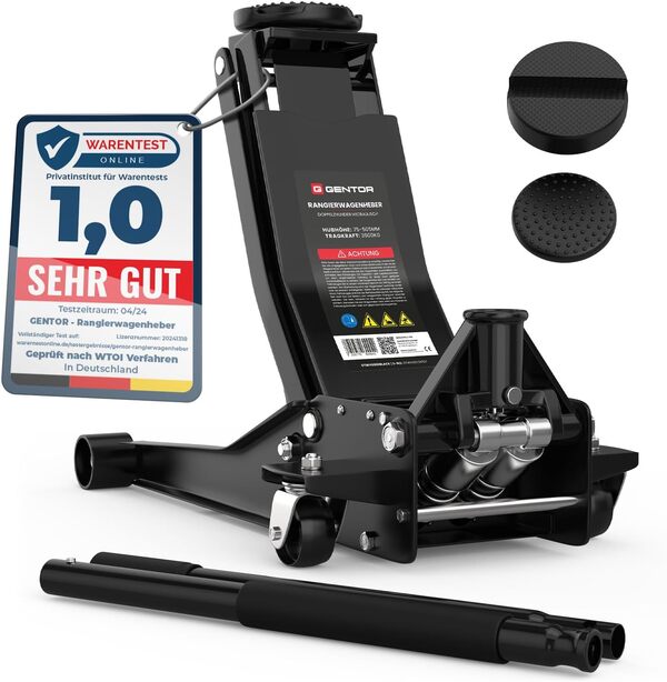 Cric hydraulique 3T - Plat 75-505 mm avec 2 patins en caoutchouc - Cric professionnel pour voiture et SUV - Avec roulettes à 360° - Noir